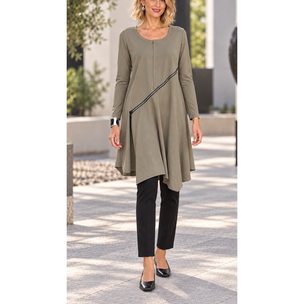 JASON by Comfy USA M Olive Asymmetric Zip Lagenlook Tunic Dress Made USA